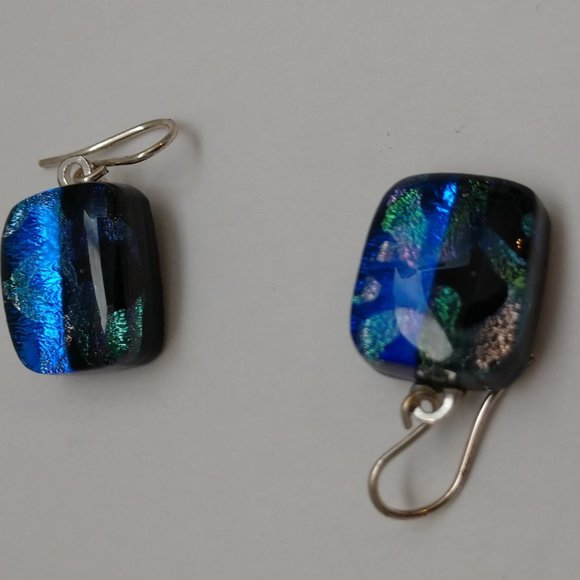 Hand Made Blue and Black Dangle Earrings With Dichroic Square Glass Beads - Picture 2 of 16